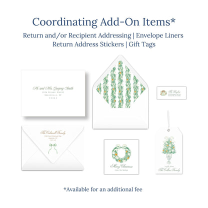 various items related to holiday-themed items, including envelopes, return address stickers, and gift tags.
