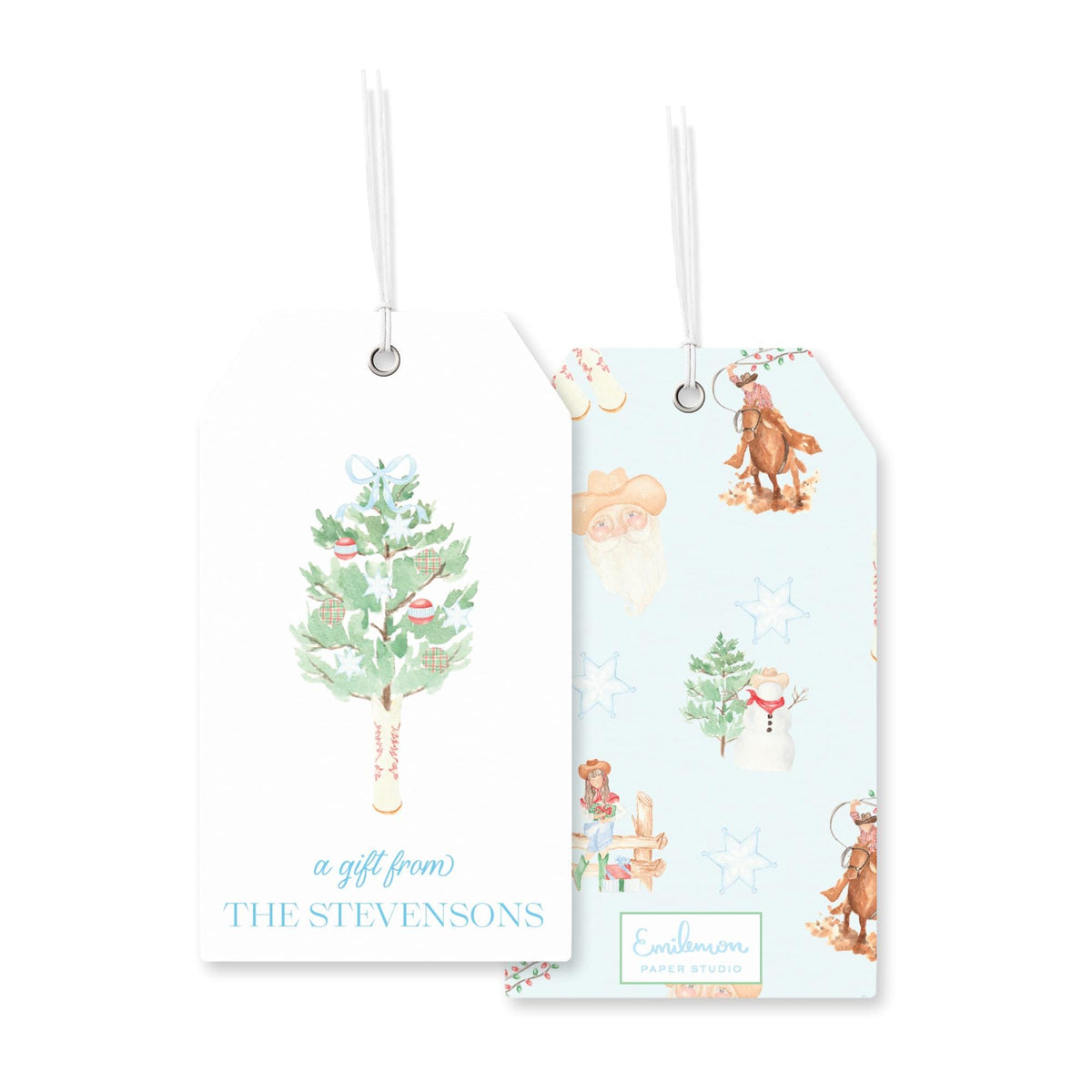 two gift tags with Christmas tree illustrations and various holiday-themed illustrations, including a Santa Claus figure, a snowman, and a reindeer.