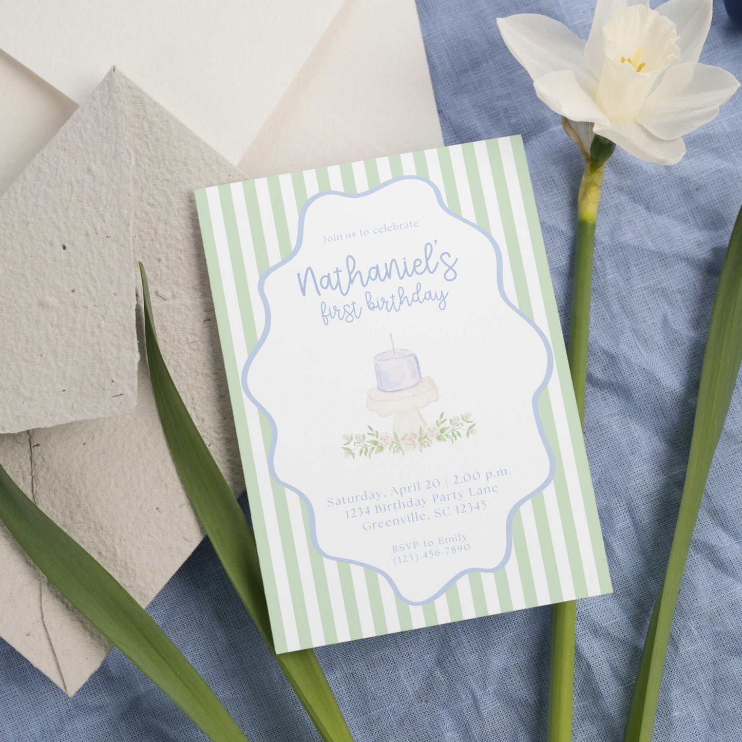 Classic First Birthday Invitation - Blue