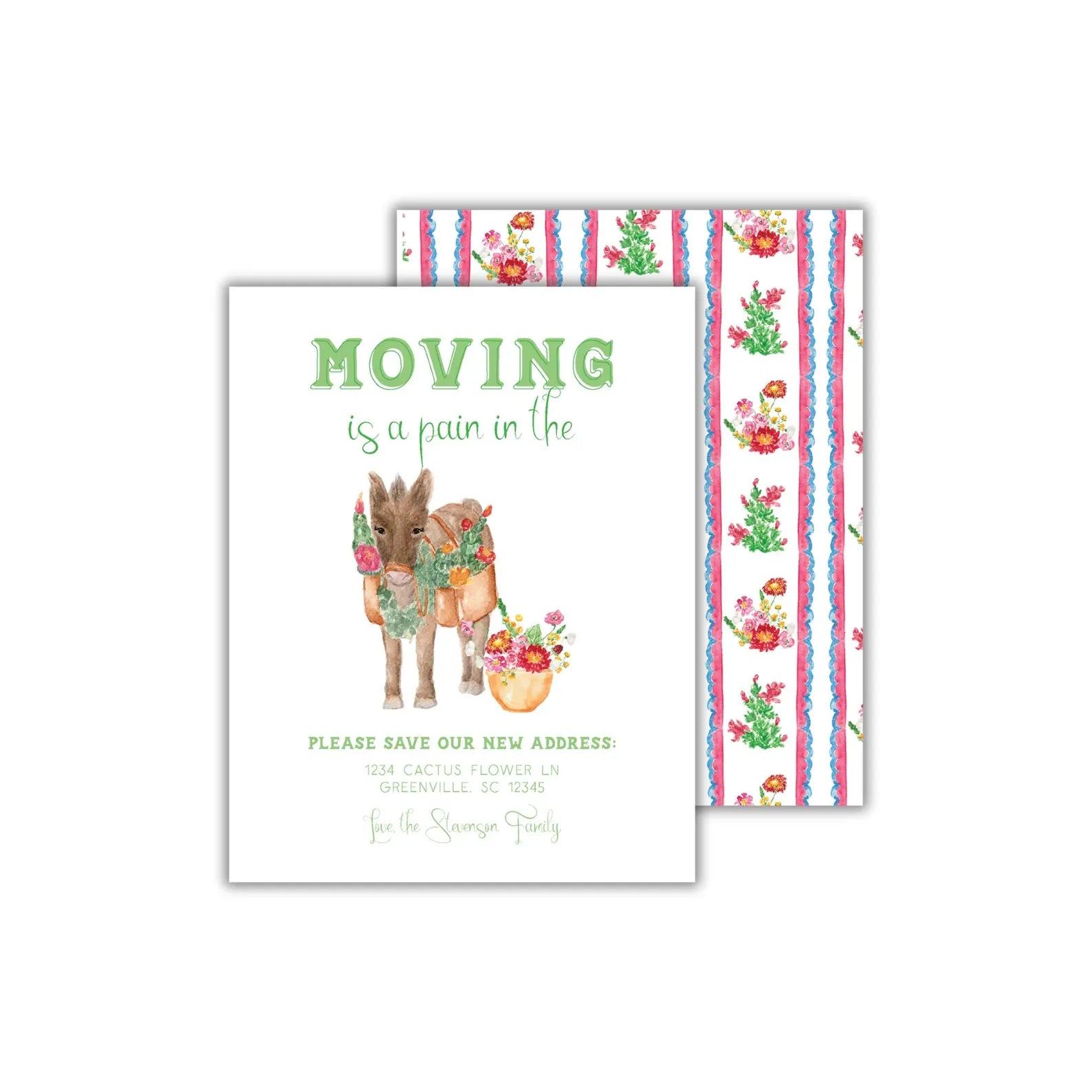 a card with a donkey and flowers on it