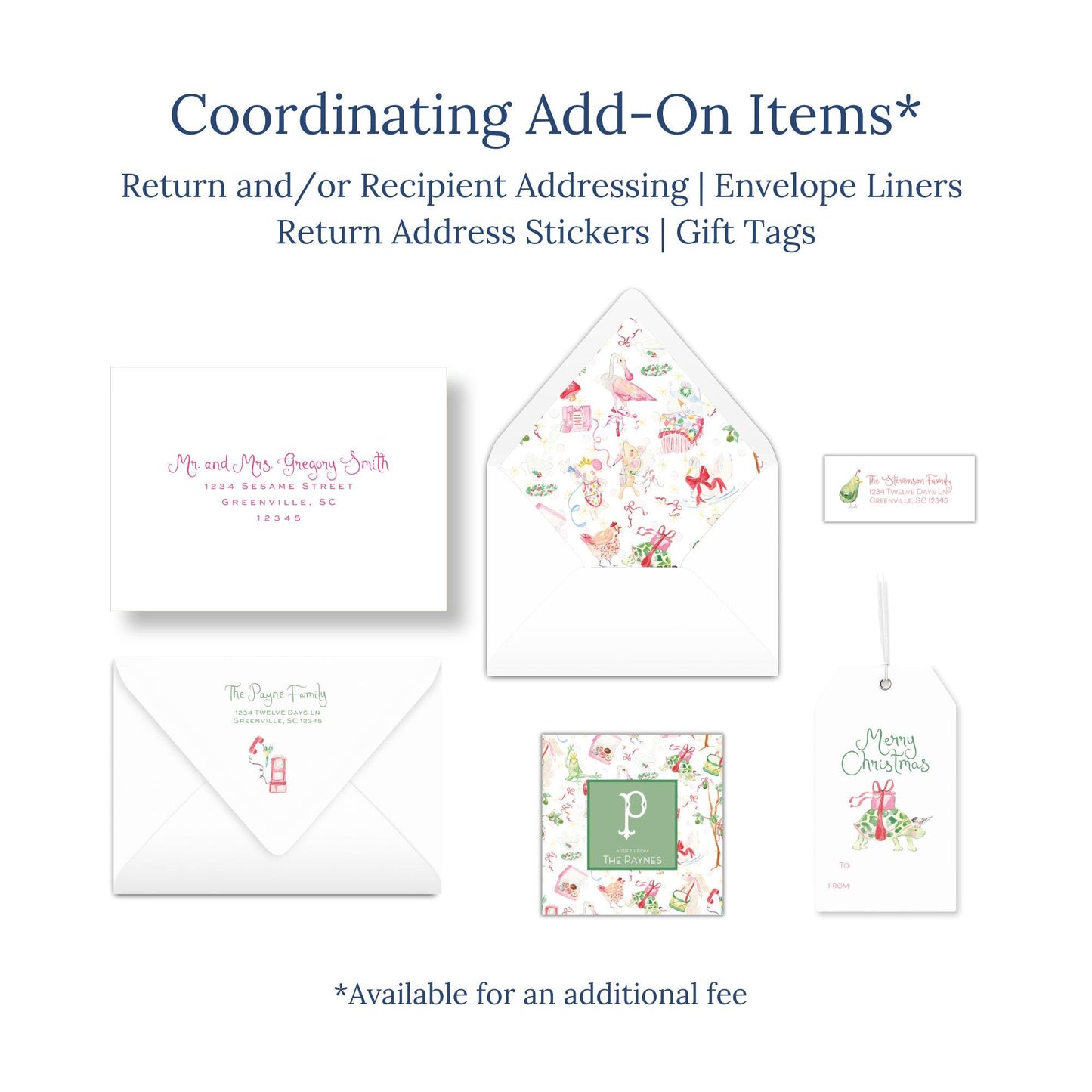 various items related to holiday-themed coordination, including envelopes, return address stickers, and gift tags.