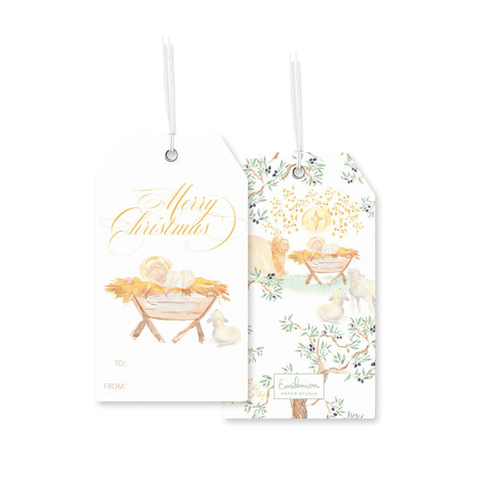 two white tags with Christmas-themed illustrations and text.