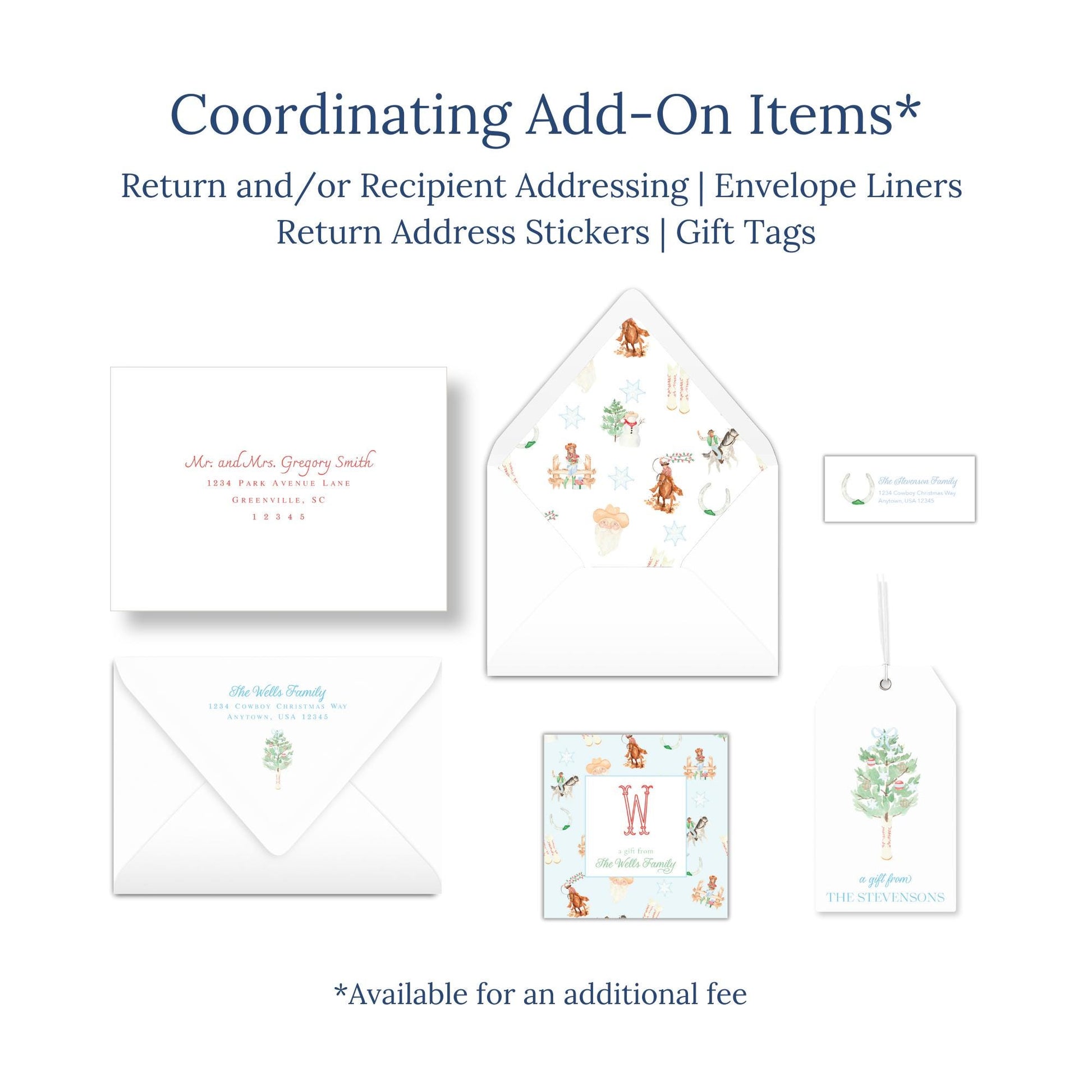 various stationery items, including envelopes, return address stickers, and gift tags, with a focus on coordinating add-on items.