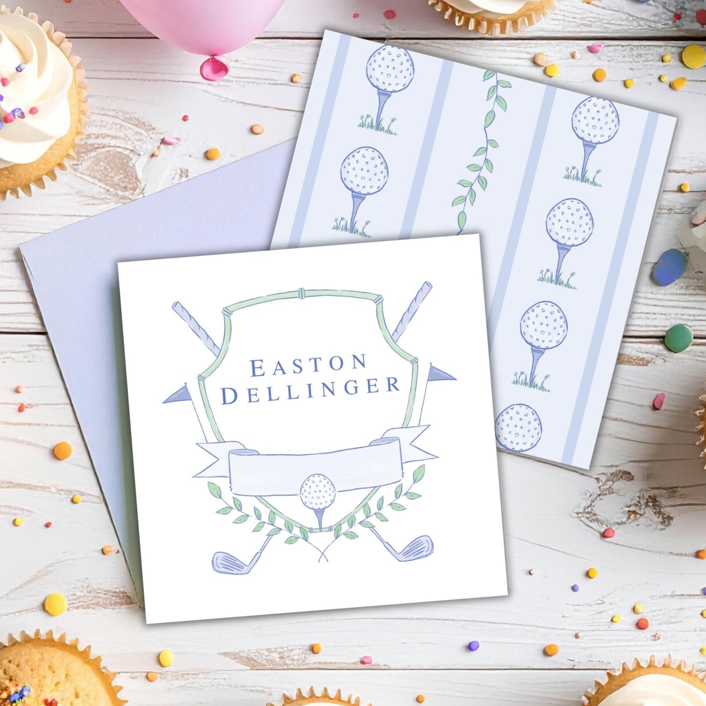 a birthday card with a golf theme, surrounded by cupcakes, confetti, and a balloon.