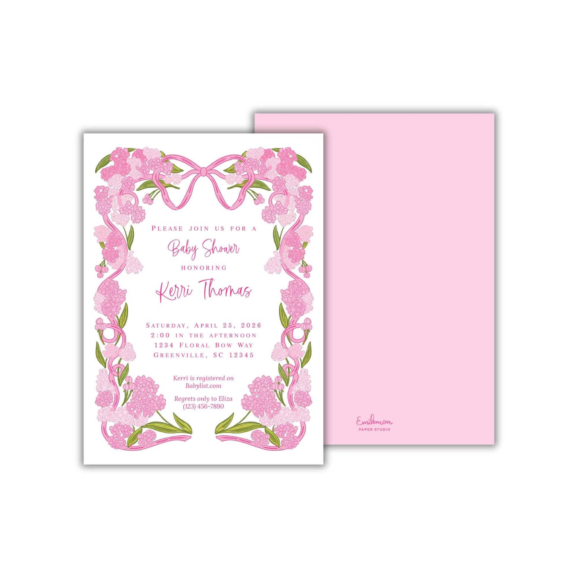 The image is a pink invitation card for a baby shower, featuring a floral design with pink flowers and leaves.