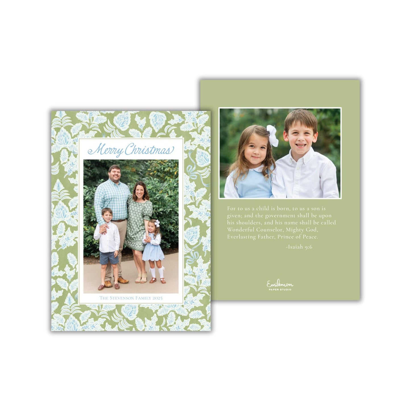 The image is a two-panel Christmas card featuring a family photo and a message. The card has a floral pattern on the left panel and a green background on the right panel.