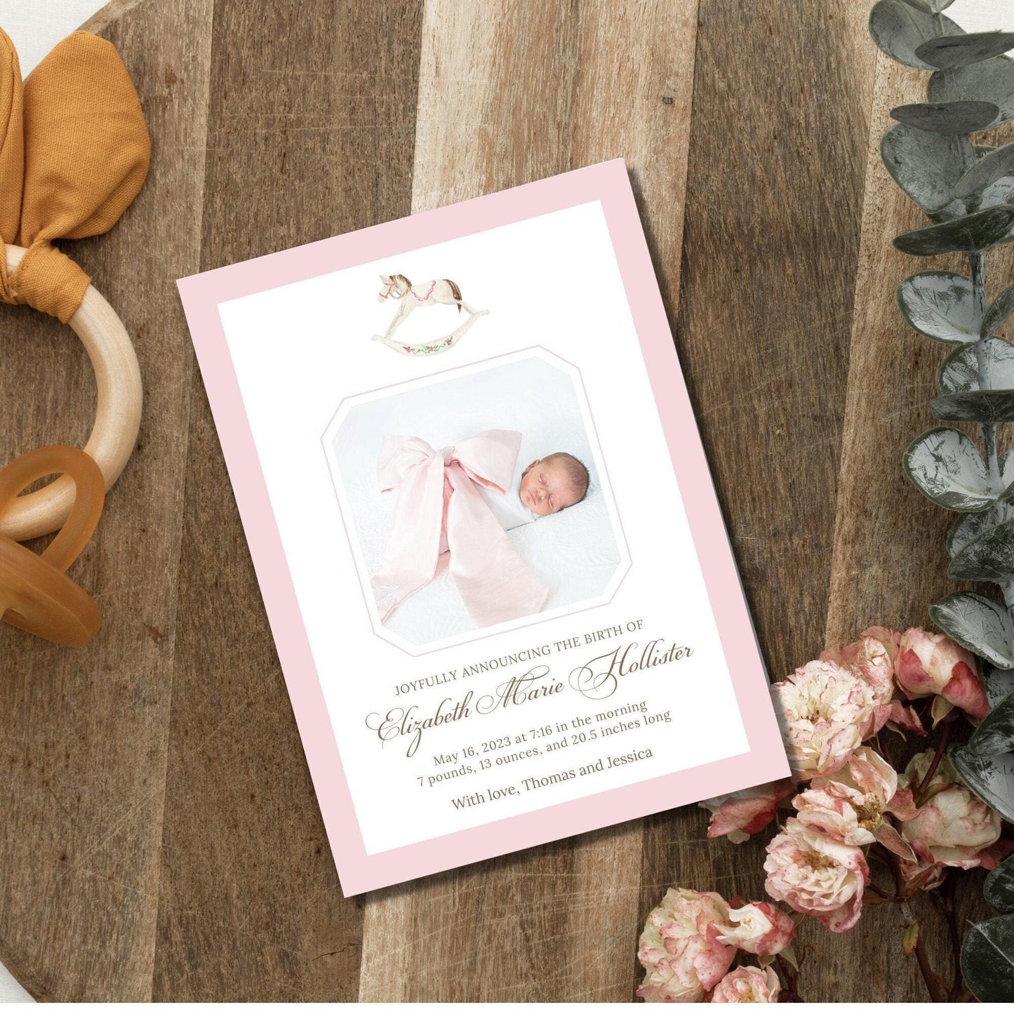 Rocking Horse Birth Announcement - Pink