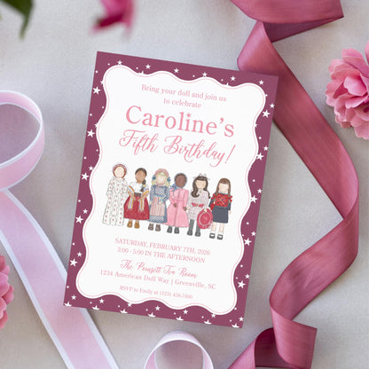 The image is a birthday invitation for a girl named Caroline's fifth birthday.