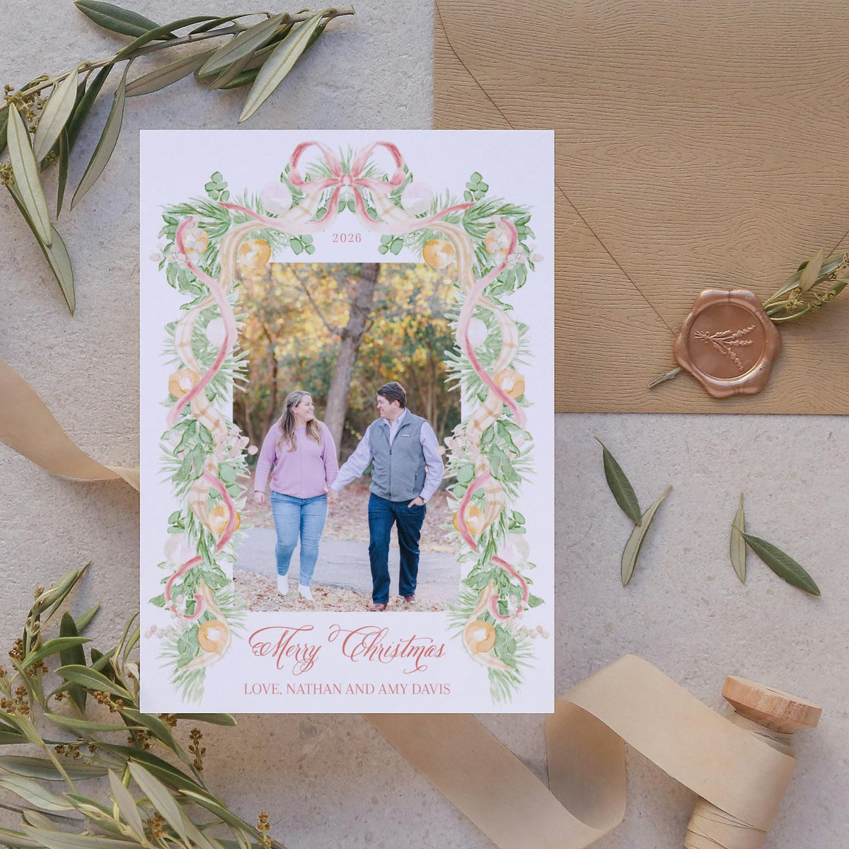 Peach Garland Christmas Card