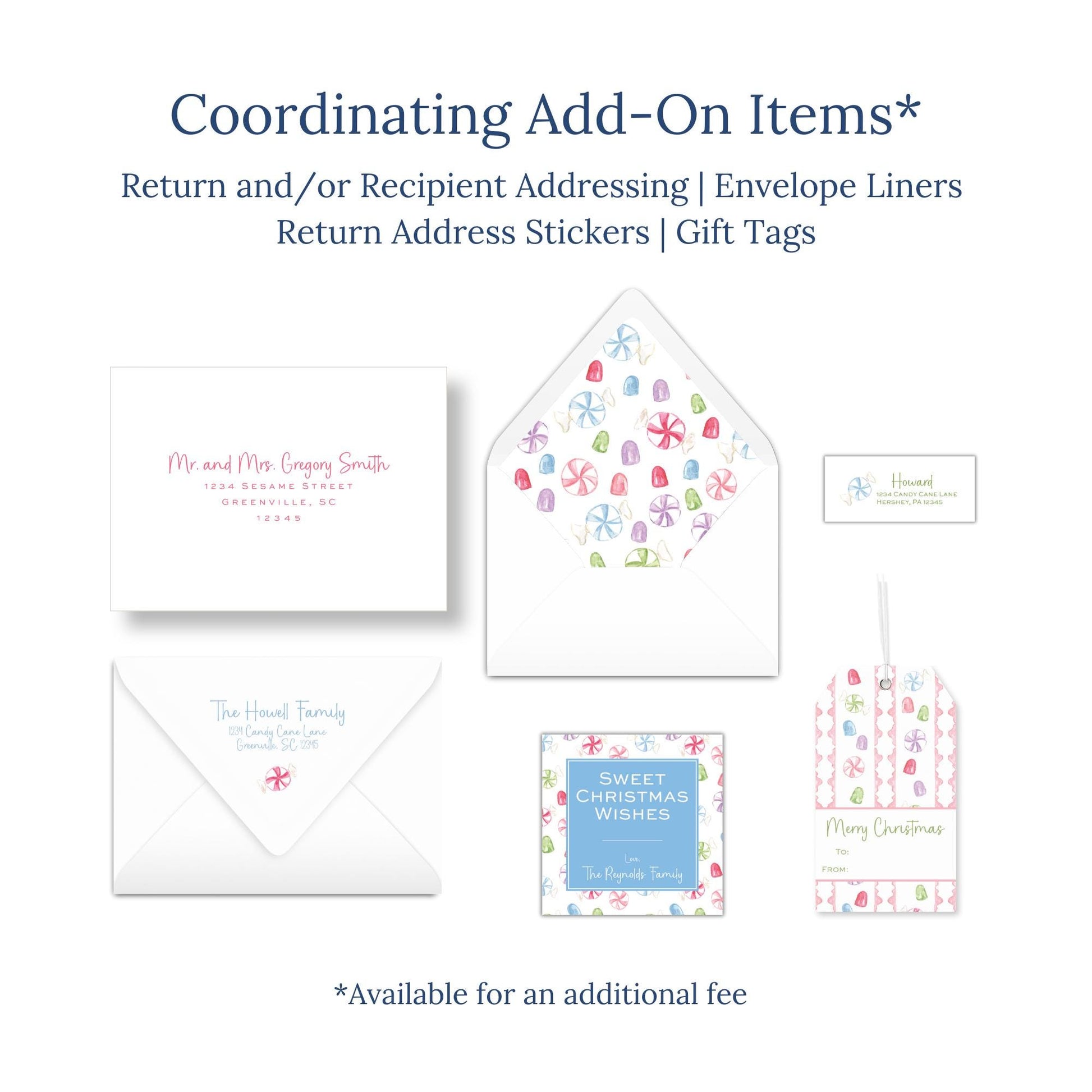 various items related to holiday greetings, including envelopes, return address stickers, and gift tags.