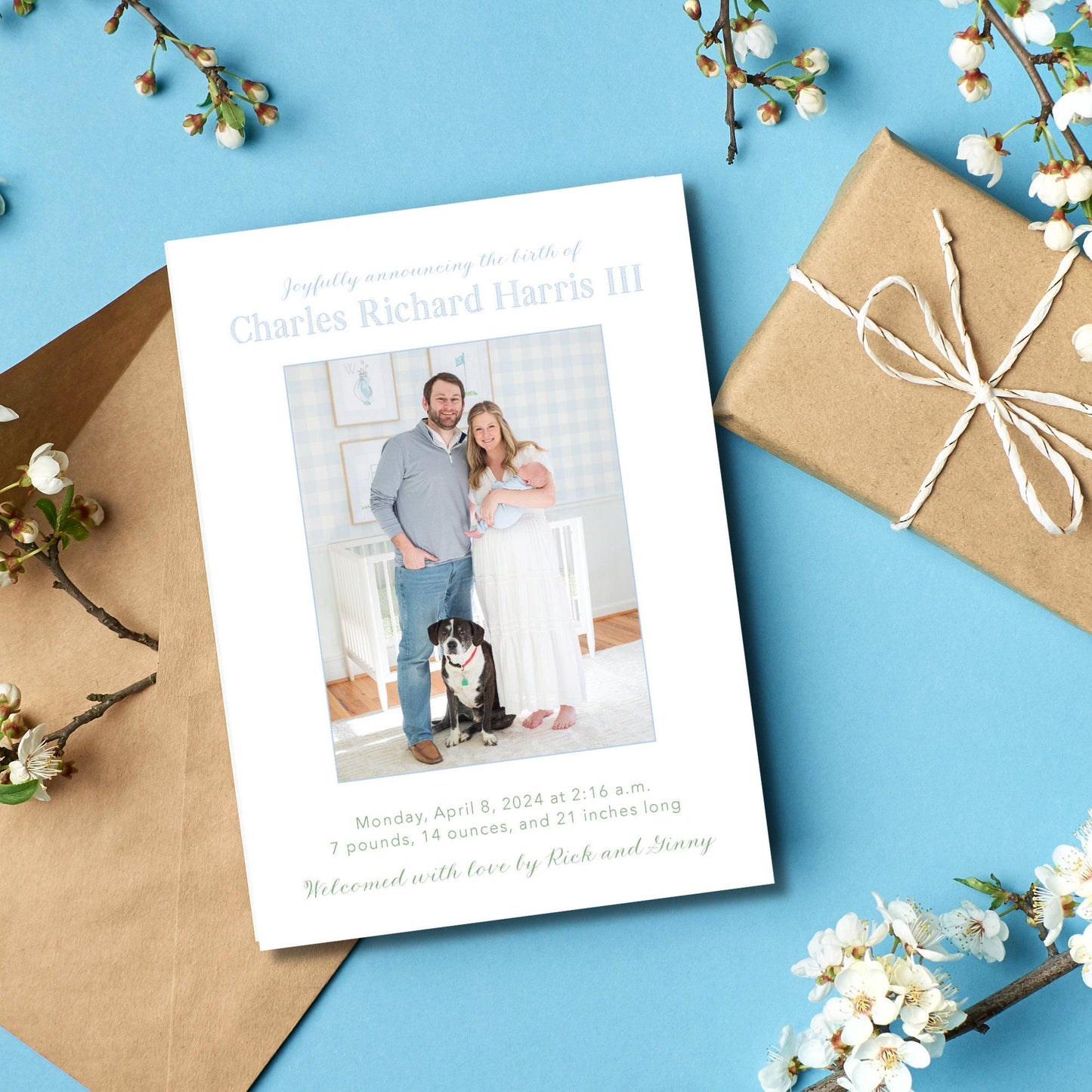 Floral Trellis Birth Announcement - Blue