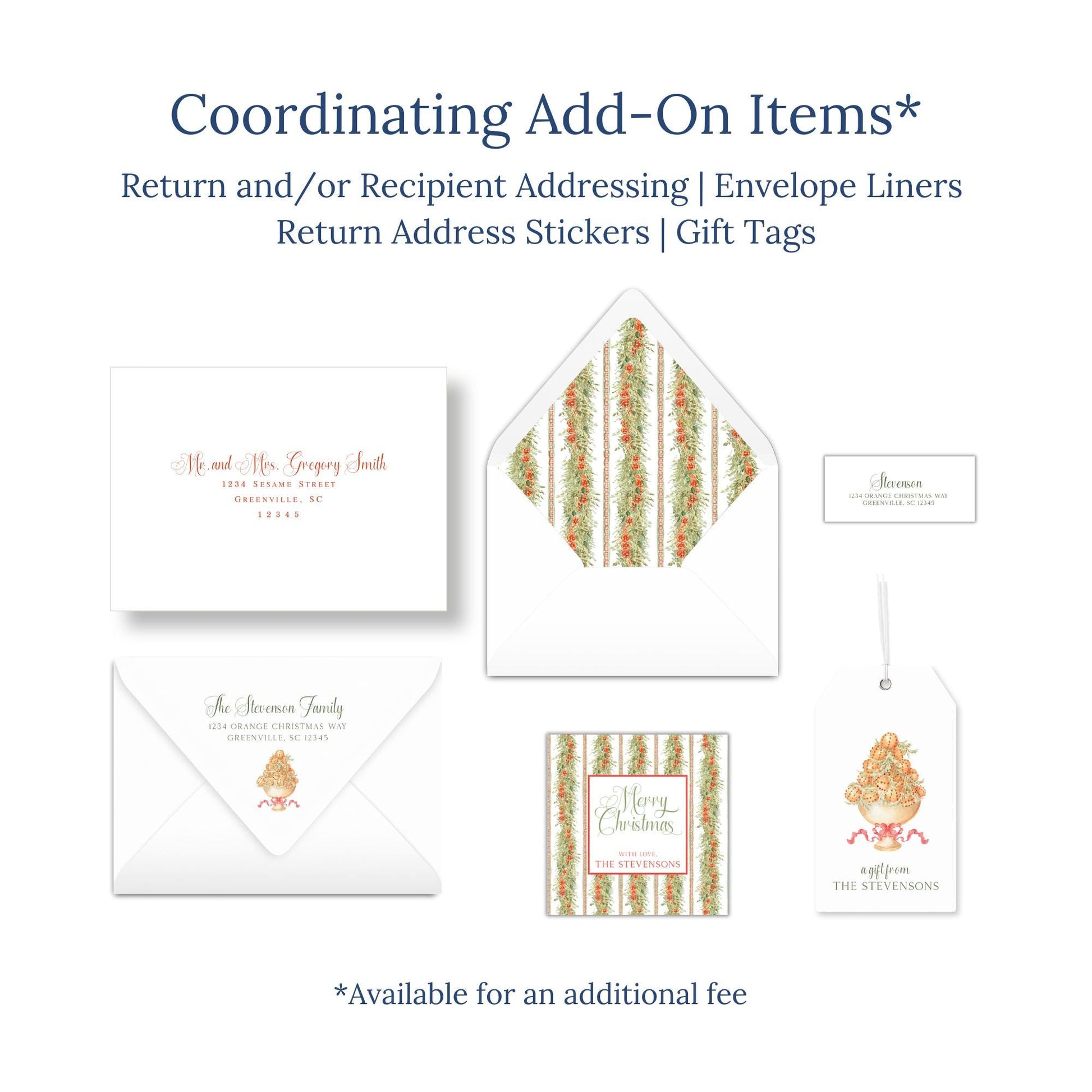 various items related to holiday-themed items, including envelopes, return address stickers, and gift tags.