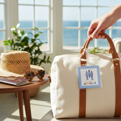A hand is holding a tan bag with a blue and white tag attached to it, standing next to a straw hat, sunglasses, and a passport on a table.