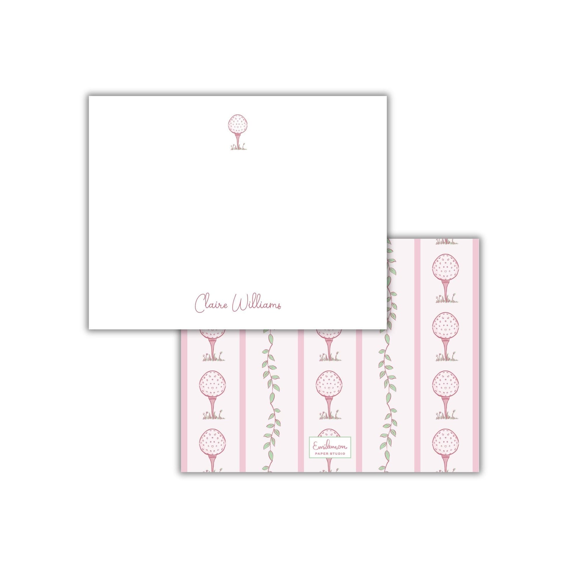 a white square and a pink and white striped square with a golf ball design.