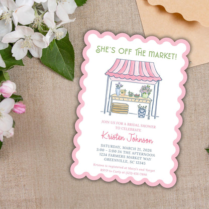 The image is a pink invitation card for a bridal shower, featuring a pink and white striped canopy and a table with flowers.