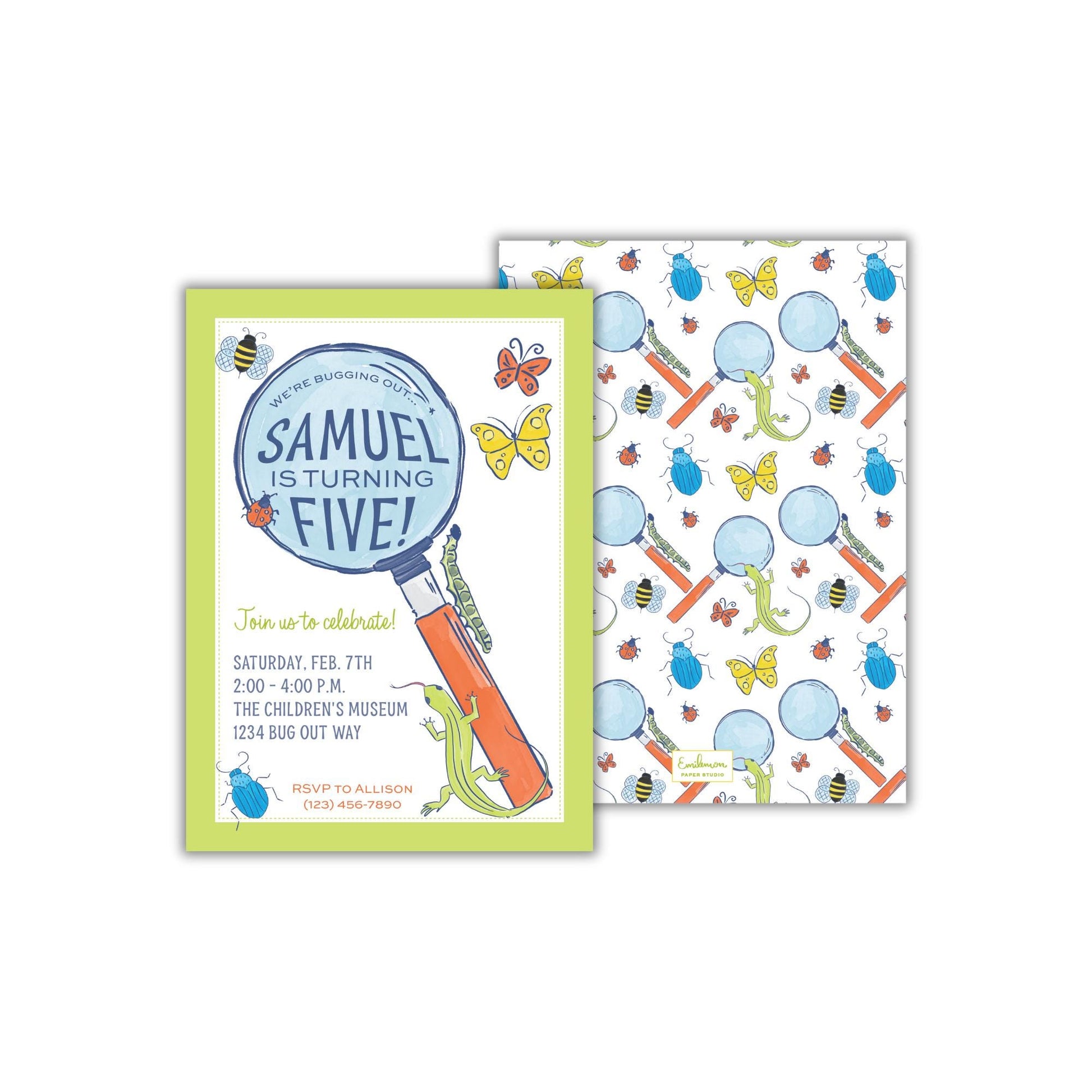 The image is a birthday party invitation for a child named Samuel, who is turning five years old. The invitation features a magnifying glass and various insects, such as butterflies and ladybugs, as decorative elements.