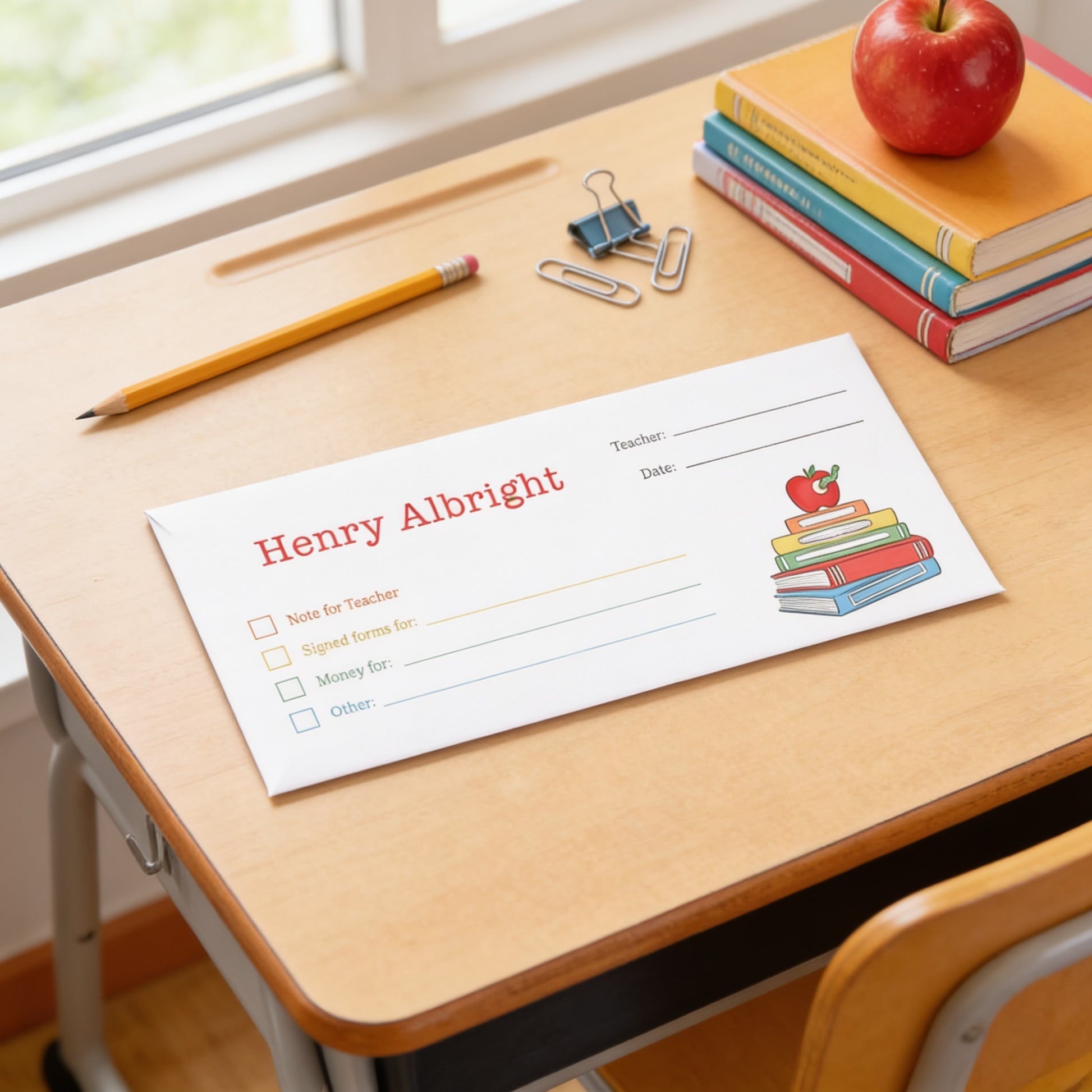 A wooden desk with a stack of books, a pencil, and a red apple. There is a name card with a teacher's name and a list of items for the teacher.