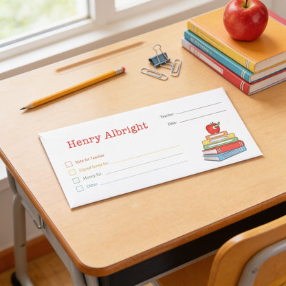 A wooden desk with a stack of books, a pencil, and a red apple. There is a name card with a teacher's name and a list of items for the teacher.