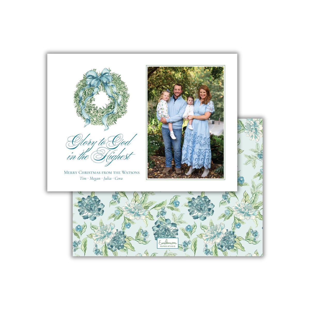 Teal Bow Wreath Christmas Card