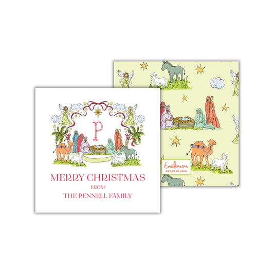 The image is a Christmas card featuring a nativity scene with various animals and people, including a camel, sheep, and angels. The card has a personalized message and a repeating pattern of stars and animals.