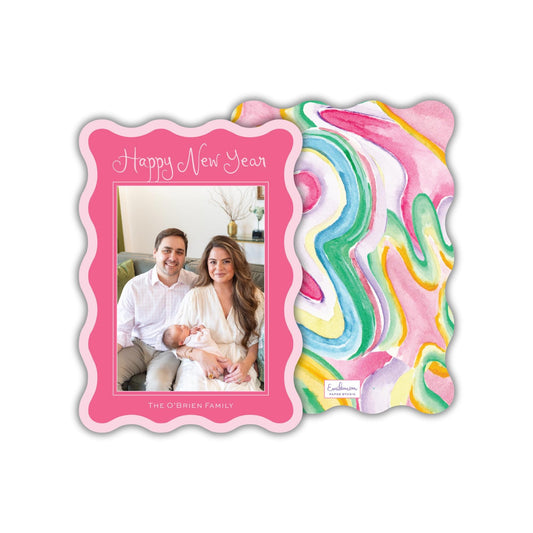 A pink frame with a photo of a couple and a colorful abstract background.
