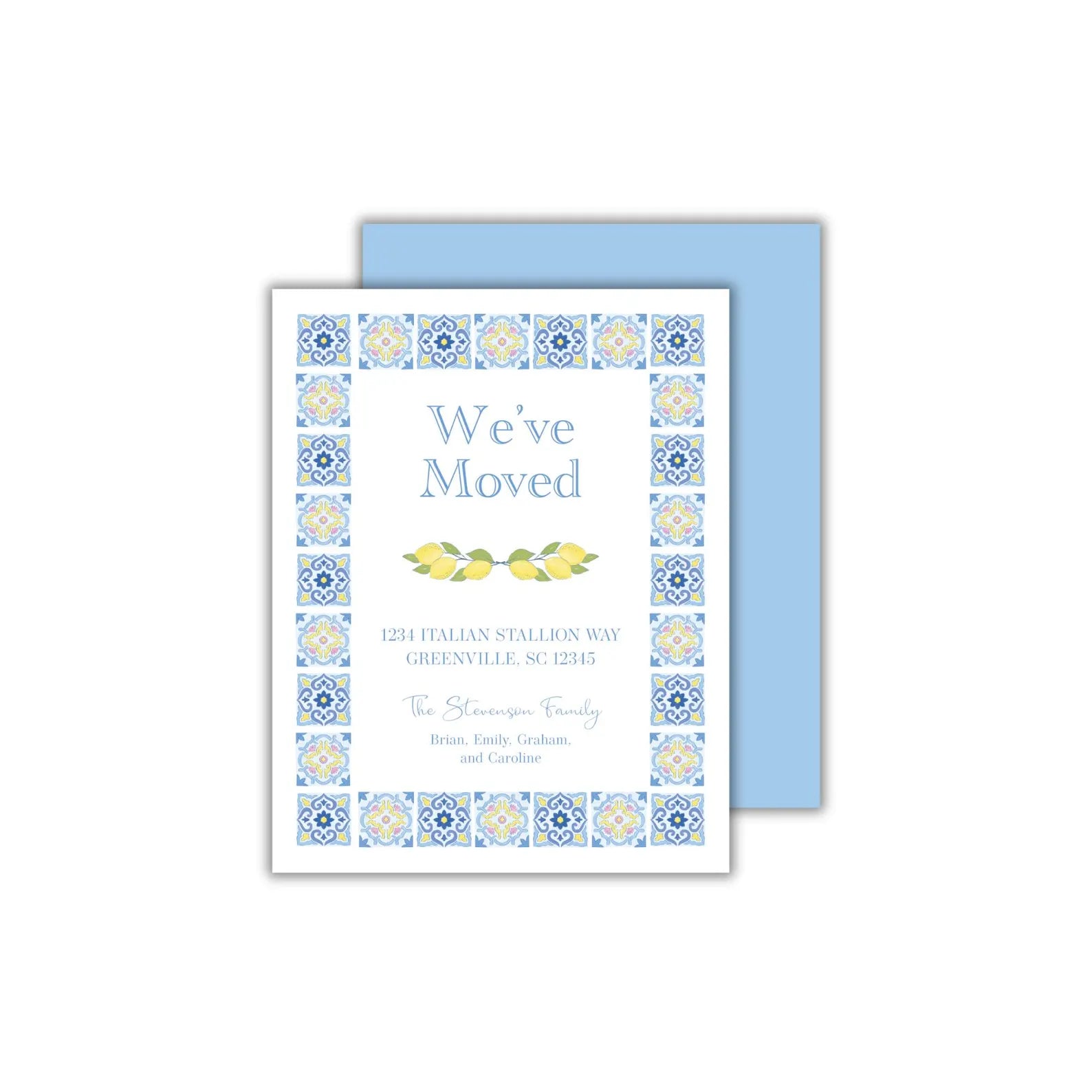 a blue and yellow card with the words we've moved on it