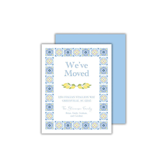 a blue and yellow card with the words we've moved on it