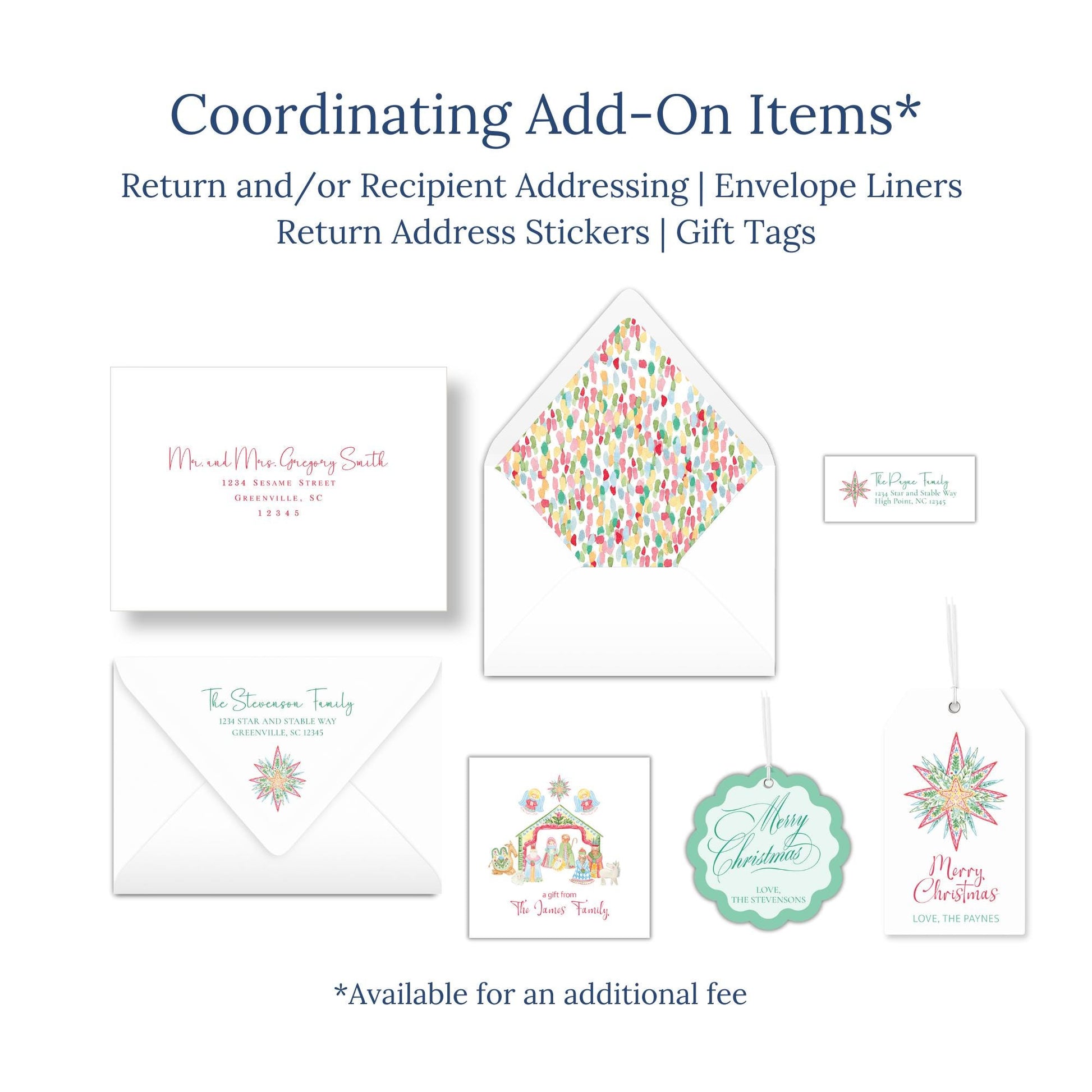 various items related to holiday and gift-giving, including envelopes, return address stickers, and gift tags.