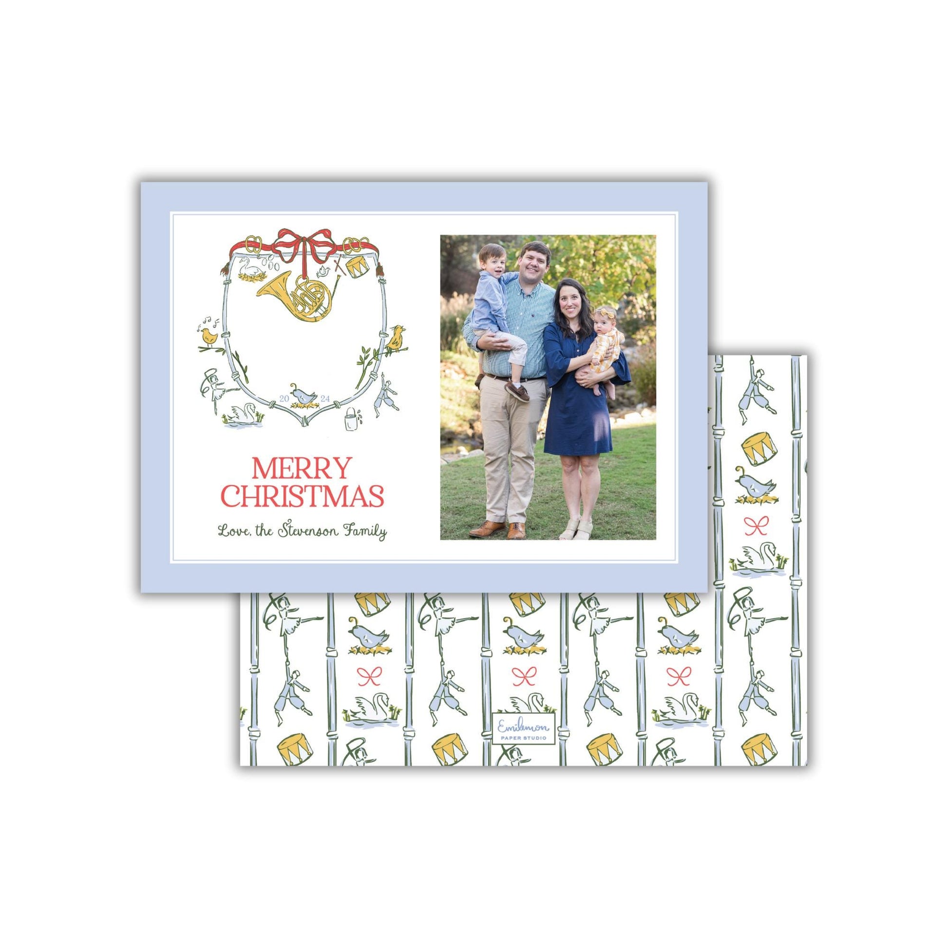 A family portrait of a man, woman, and child, along with a Christmas-themed design featuring a horn, flowers, and birds.