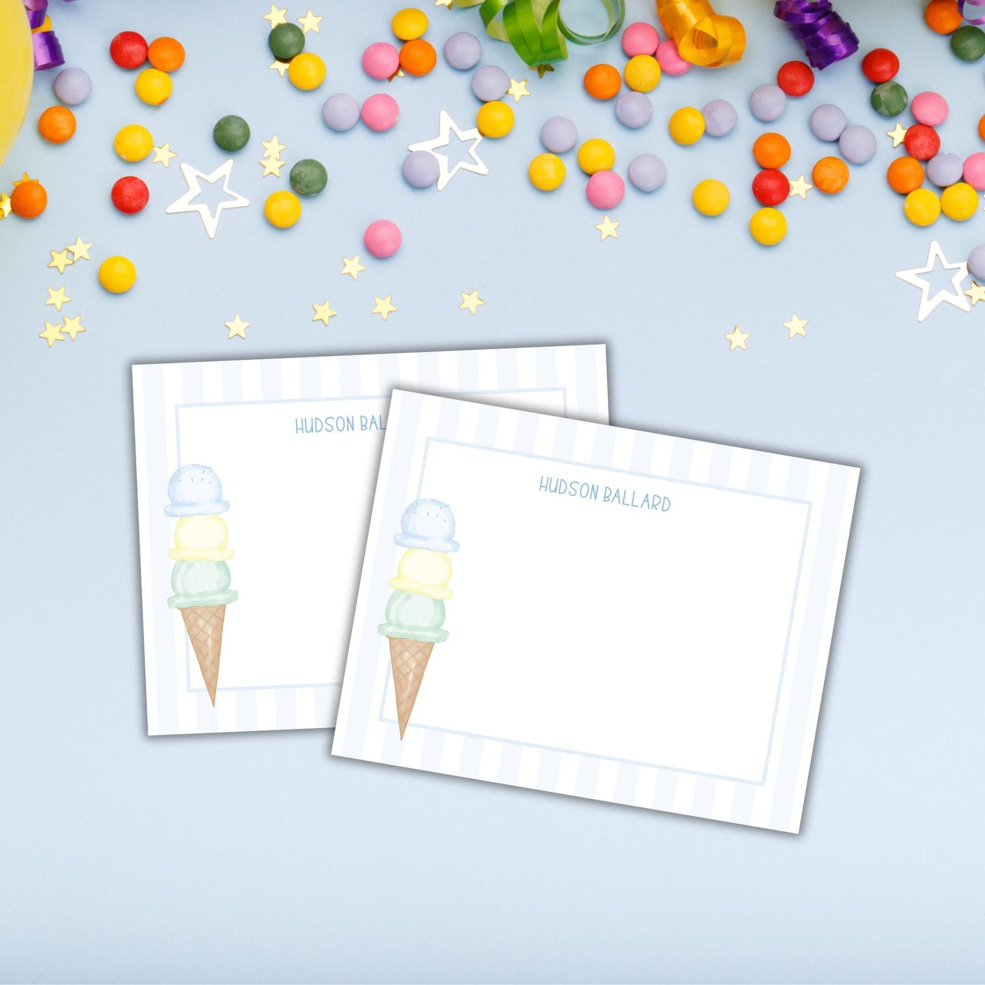 two postcards with a picture of an ice cream cone