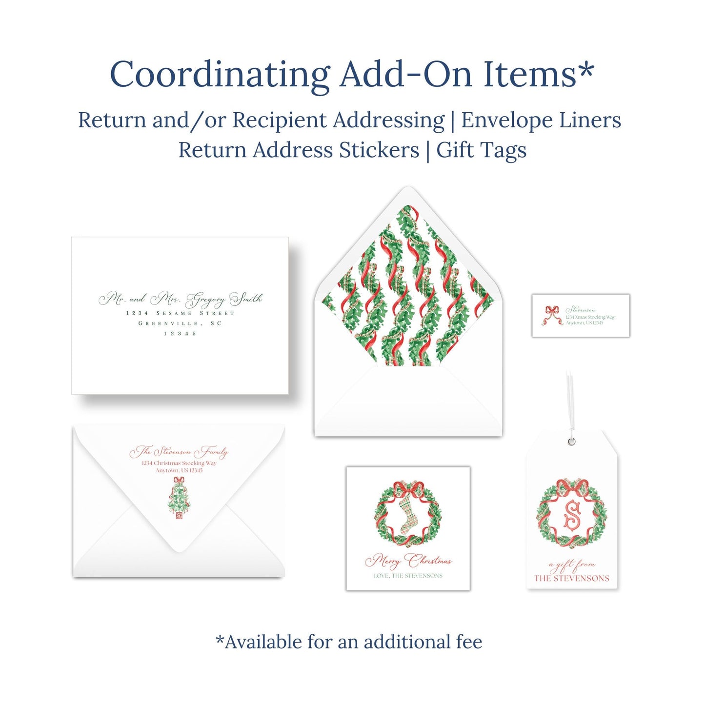 various items related to holiday-themed coordination, including an envelope, return address stickers, and gift tags.
