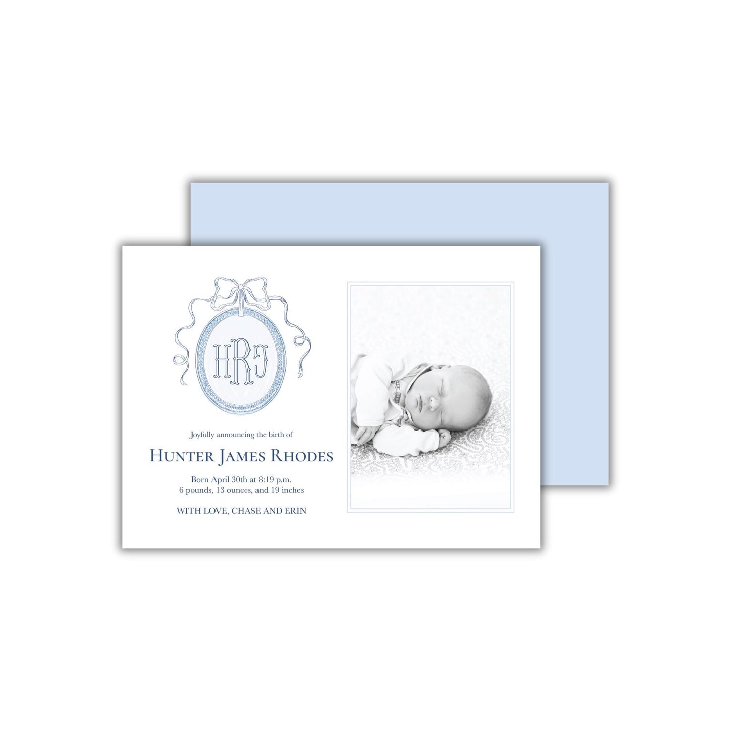 a baby&#39;s birth announcement card with a picture of a baby