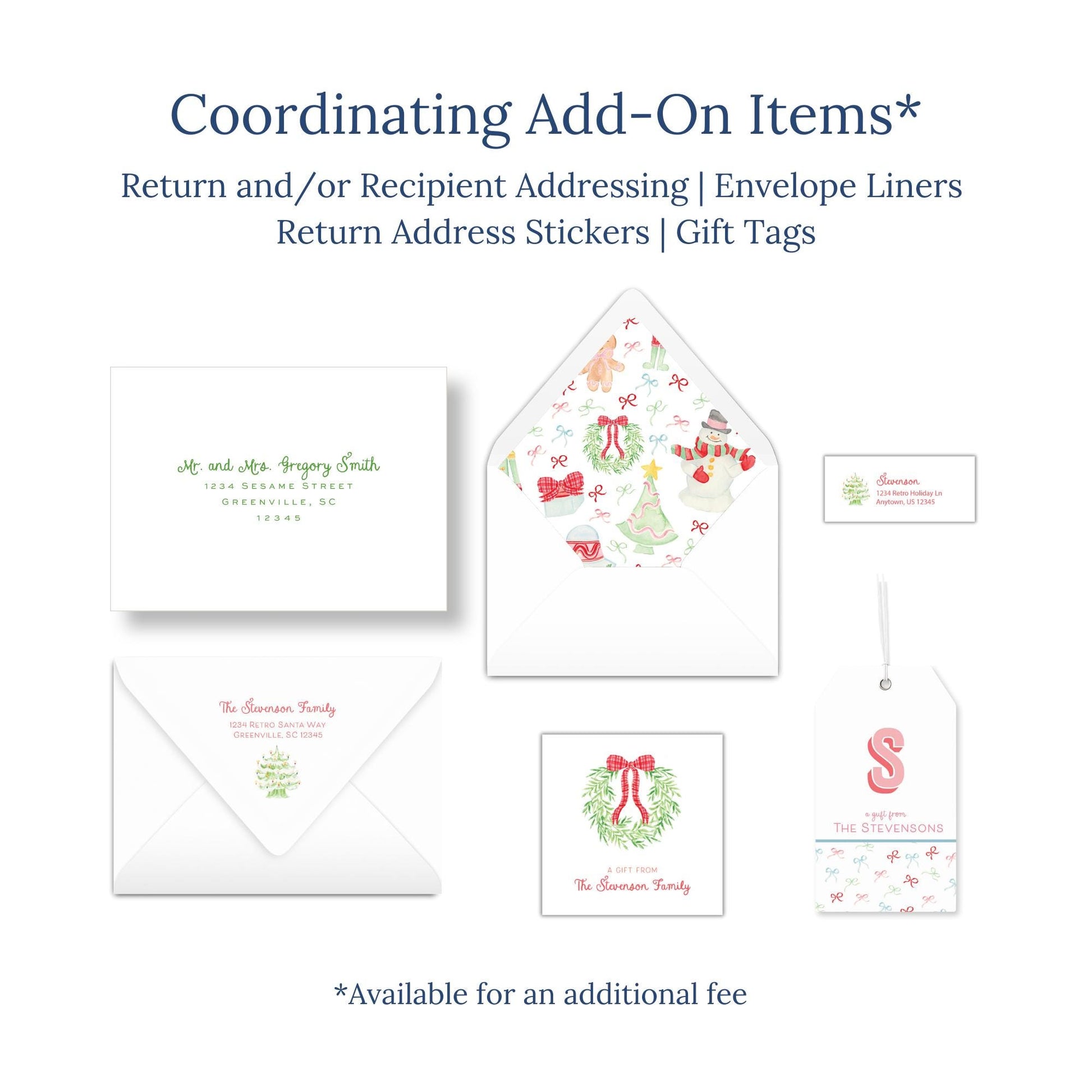 various items related to holiday-themed items, including envelopes, return address stickers, and gift tags.