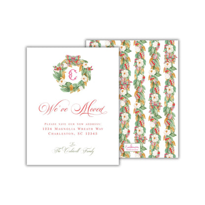 The image is a wedding invitation card with a floral wreath design and a repeating pattern of white flowers on a green background.