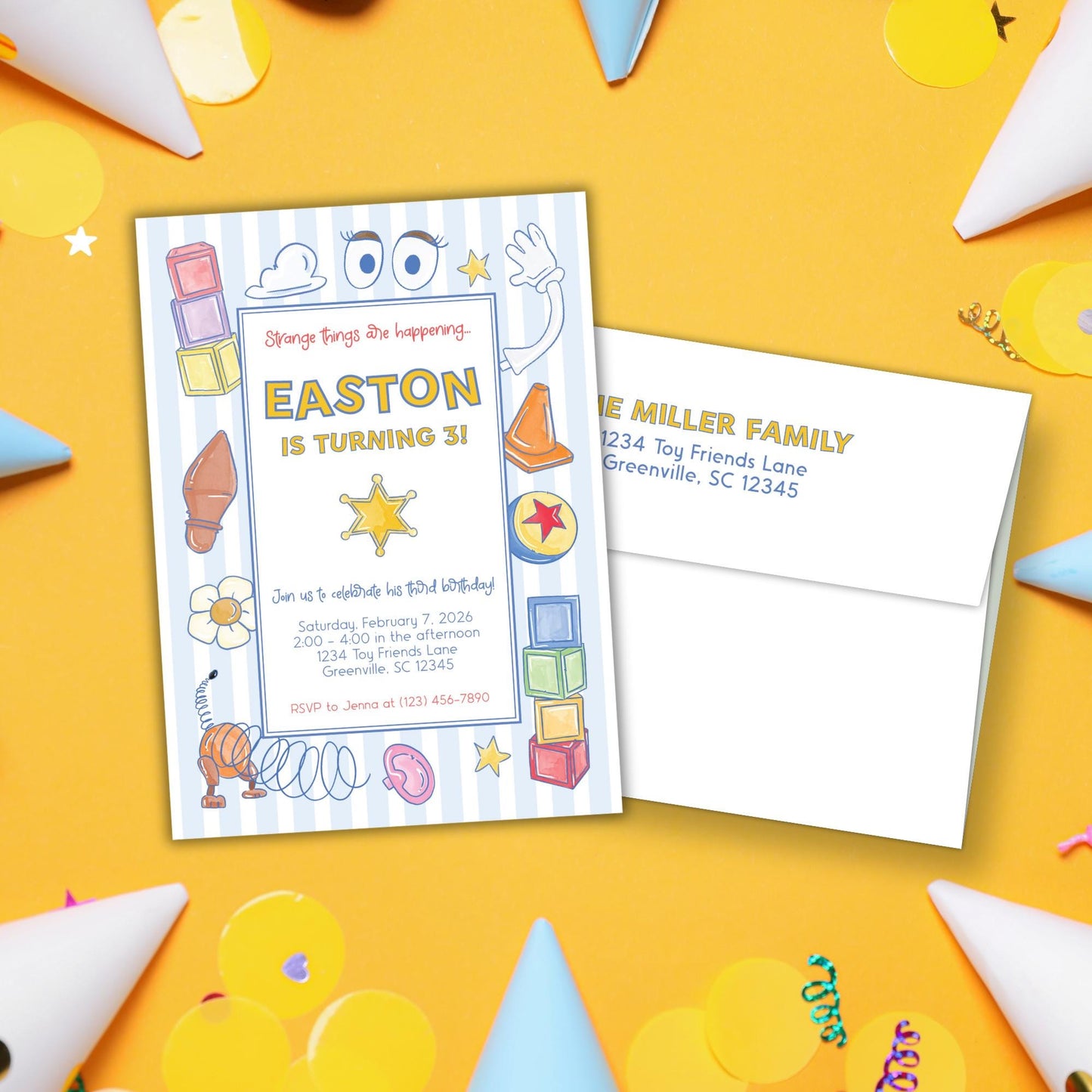 The image is a birthday invitation for a child's third birthday party, featuring colorful illustrations and text.