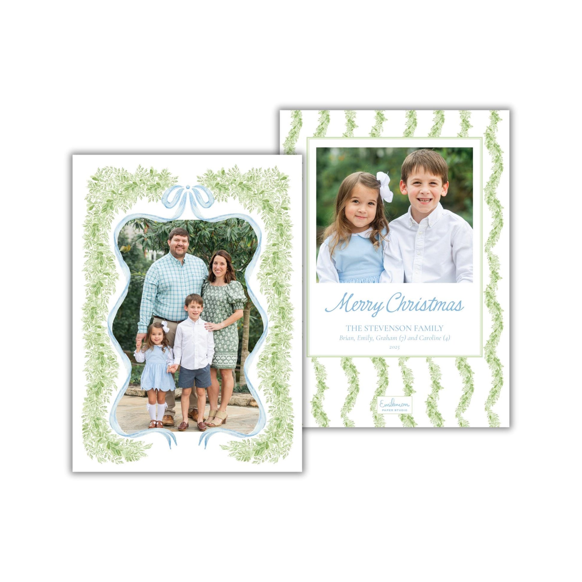 The image is a family portrait of a man, woman, and two children, with a decorative border and a &quot;Merry Christmas&quot; greeting.