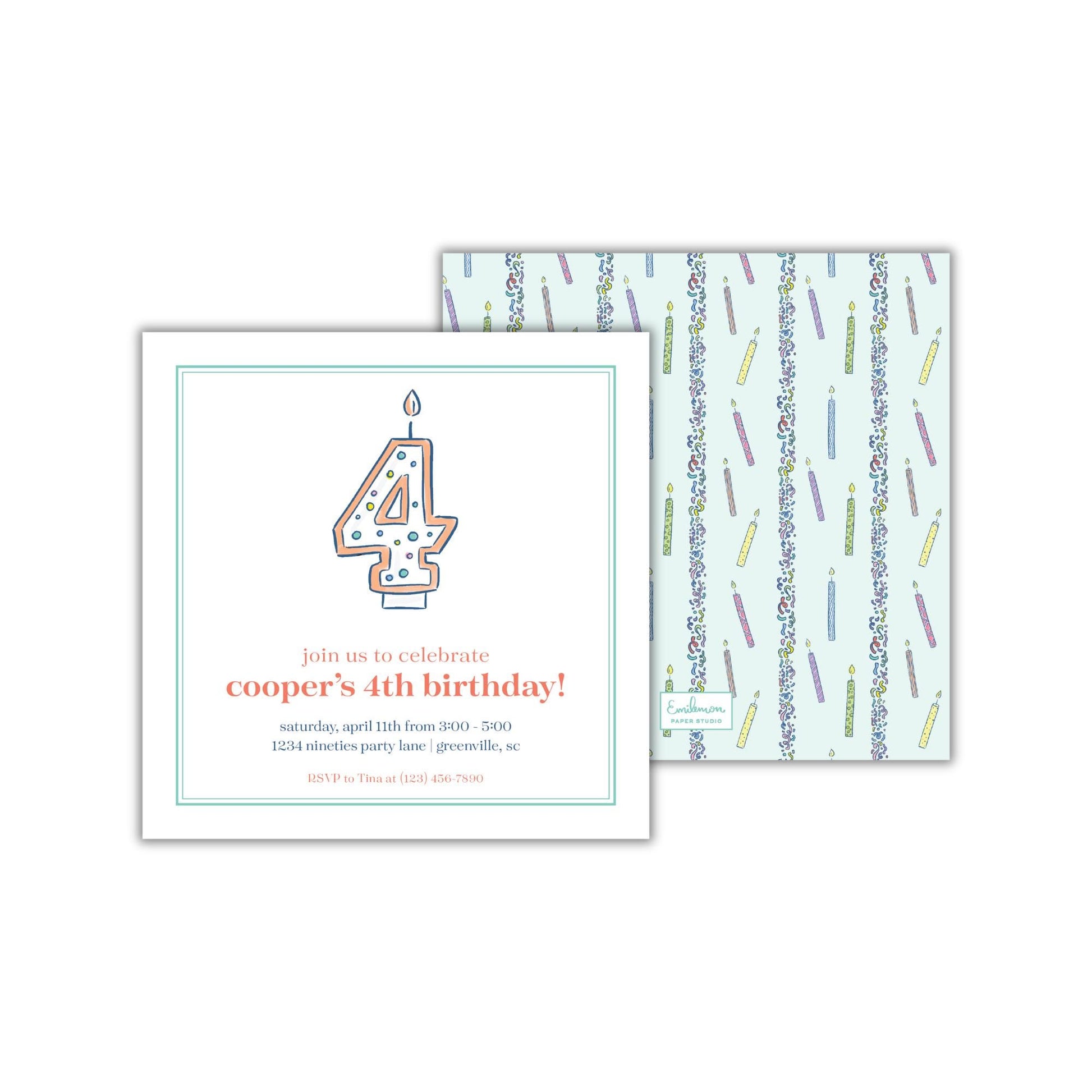 The image is a birthday invitation for a 4th birthday celebration.