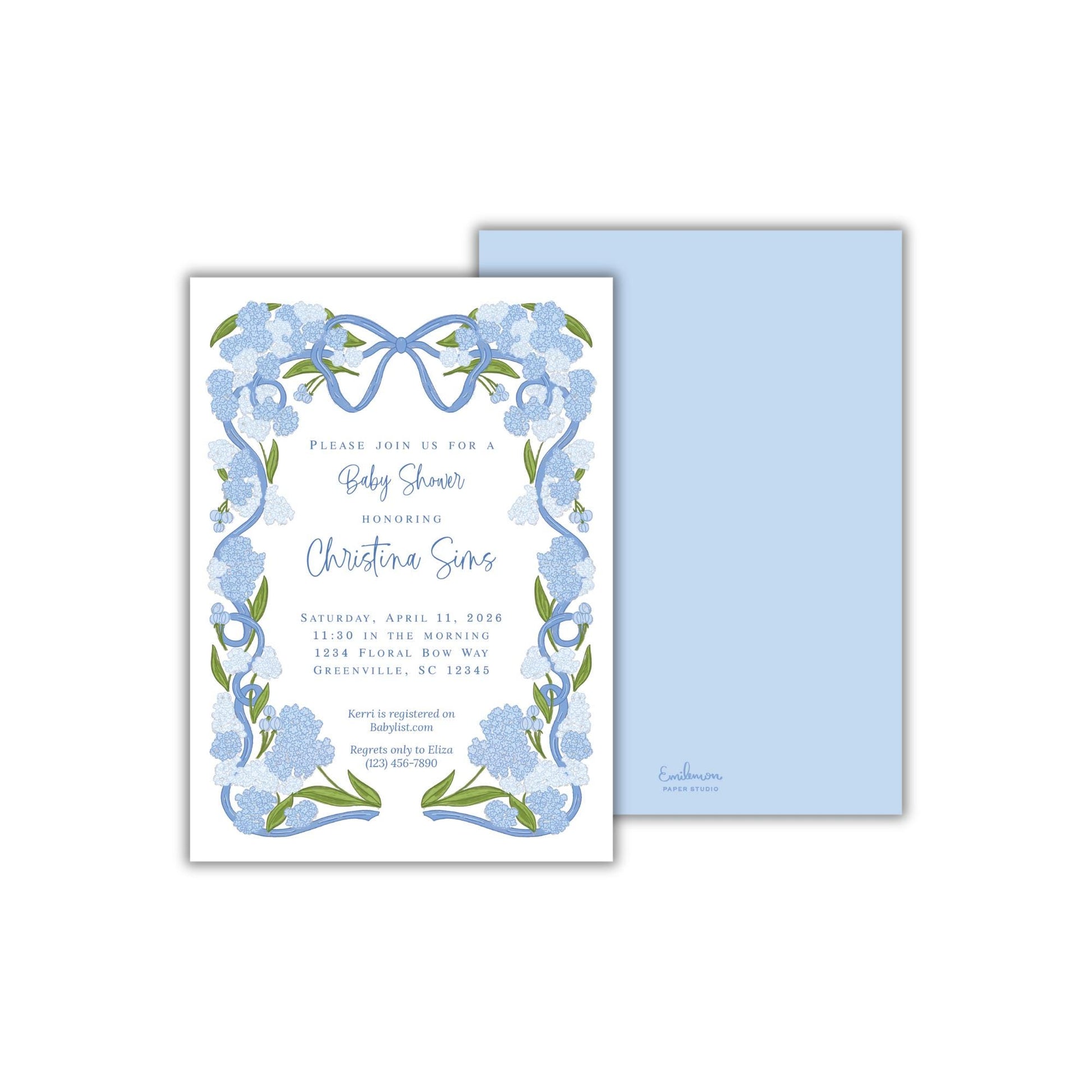 The image is a baby shower invitation featuring a blue floral design with a ribbon border.