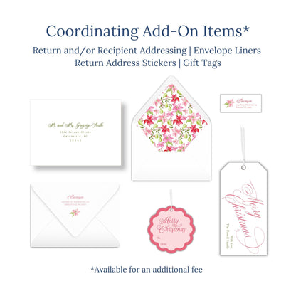 various items related to coordinating add-ons, such as return and/or recipient addressing envelopes, return address stickers, and gift tags.