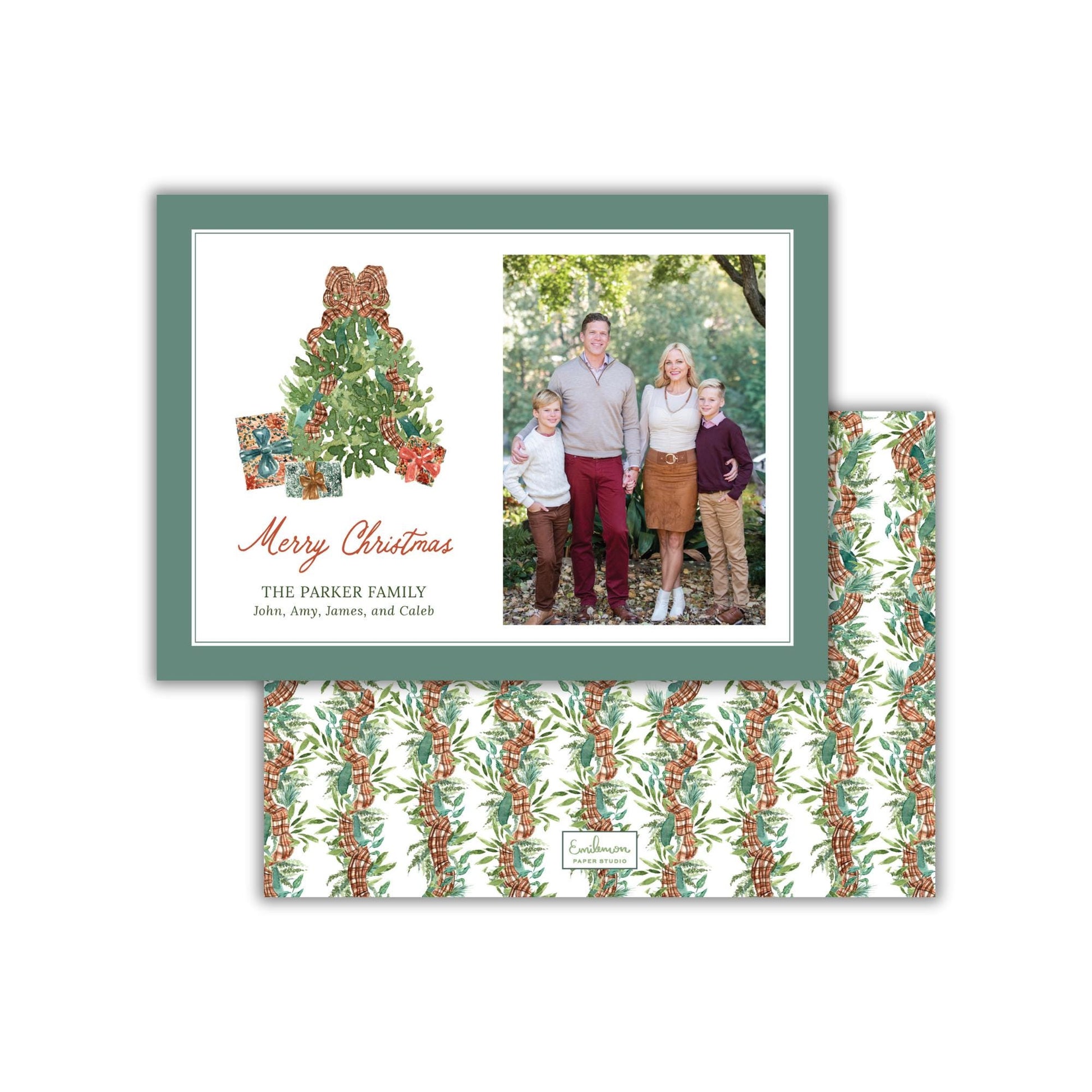 A Christmas card featuring a family photo and a Christmas tree design.