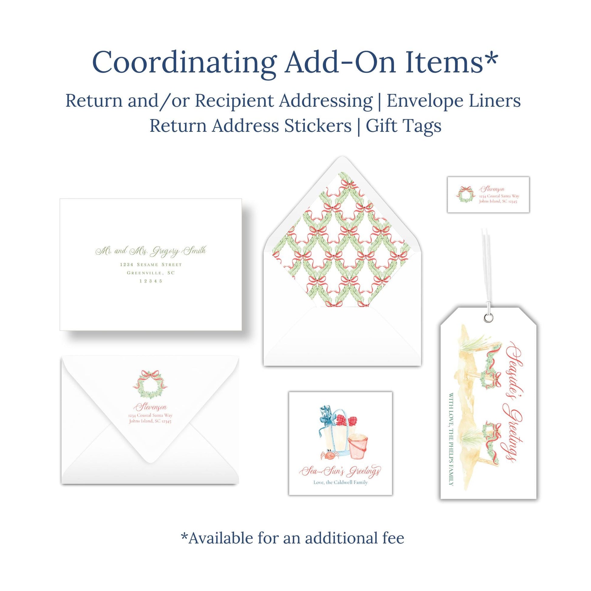 various items related to coordinating add-ons, such as return and/or recipient addressing envelopes, return address stickers, and gift tags.