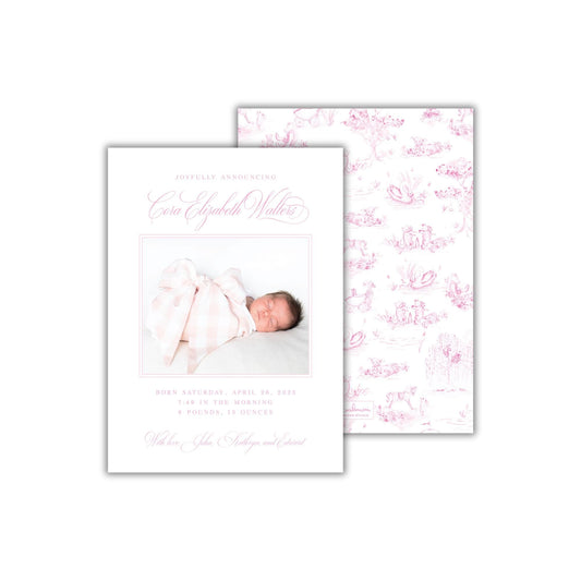a baby girl&#39;s birth announcement with a pink background