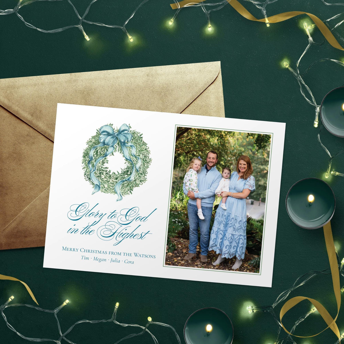 Teal Bow Wreath Christmas Card