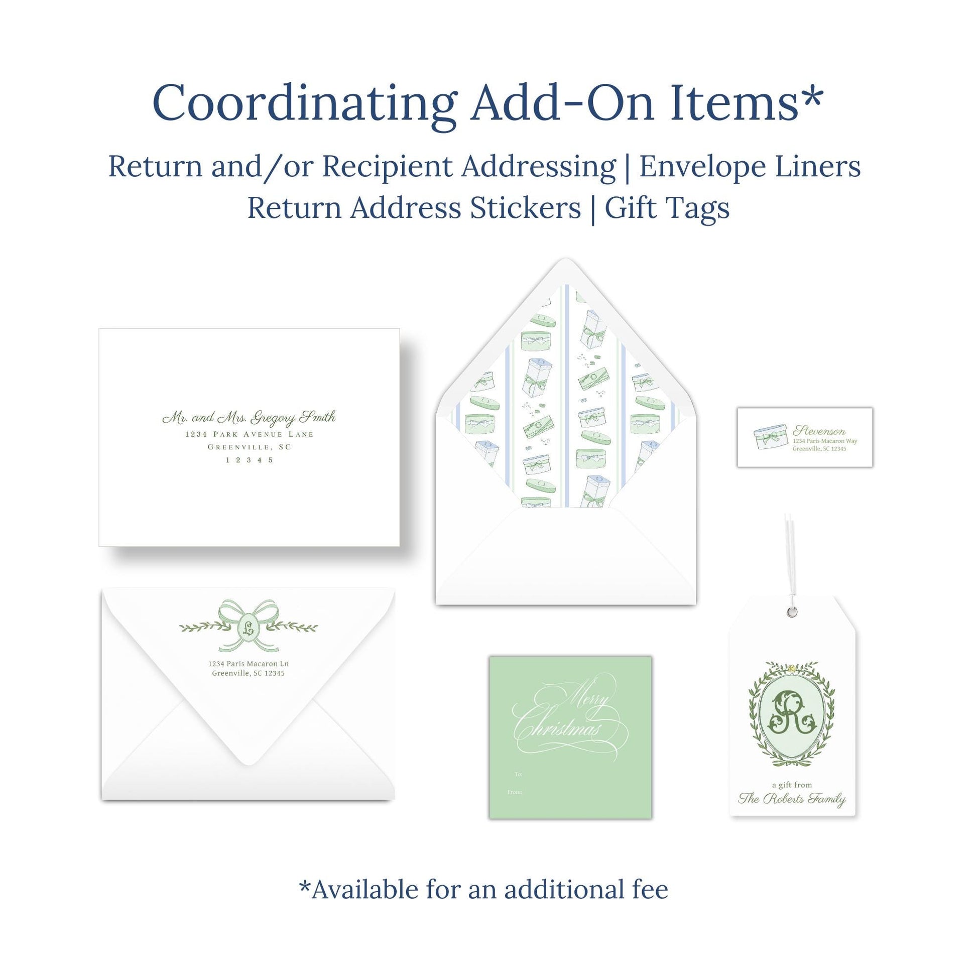 various items related to coordinating add-ons, such as return and/or recipient addressing envelopes, return address stickers, and gift tags.