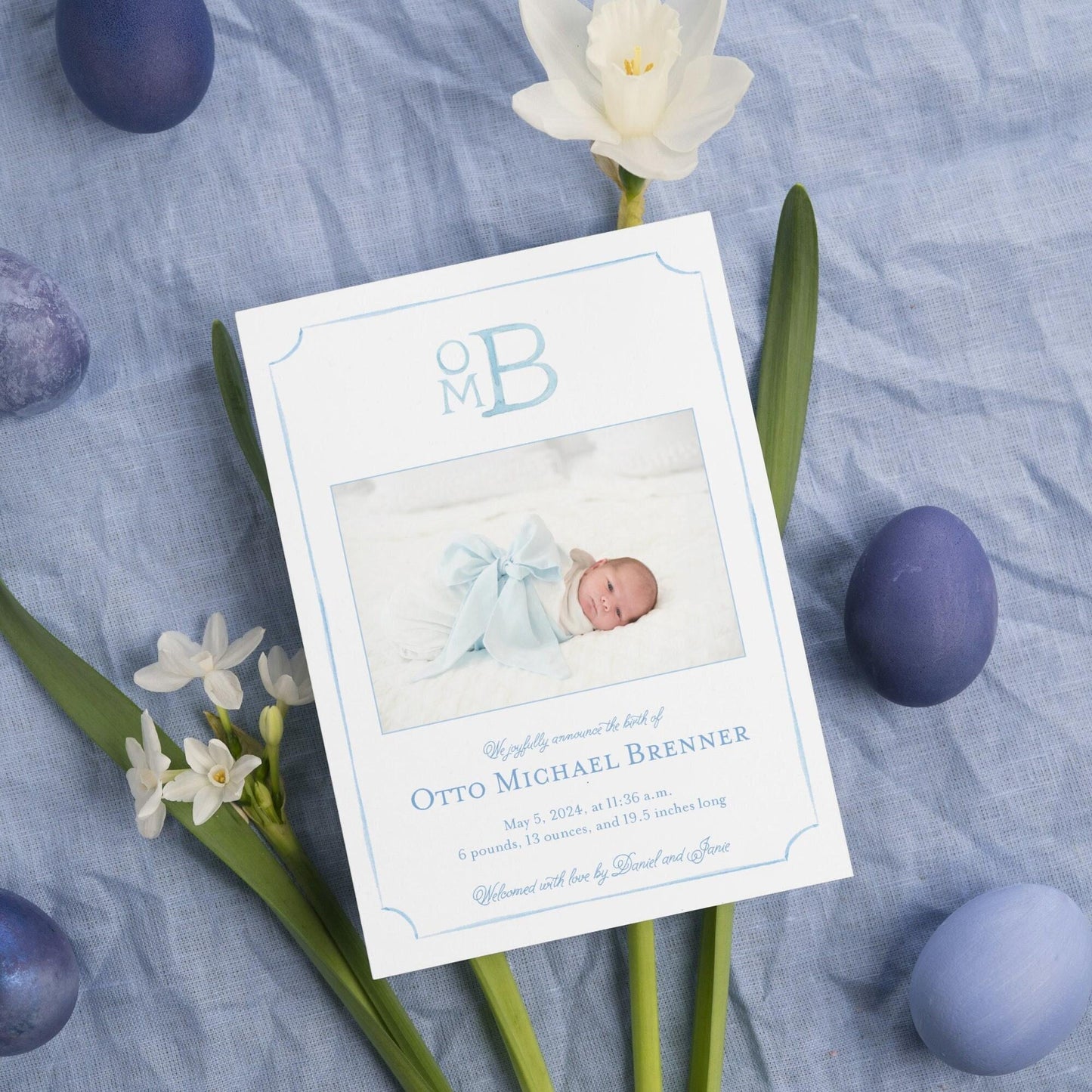 Watercolor Monogram Birth Announcement - Blue