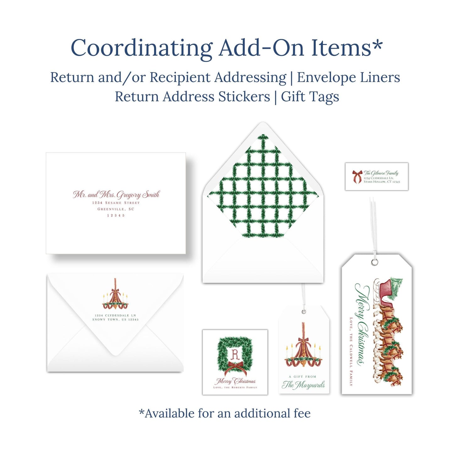 various items related to holiday greetings, including envelopes, return address stickers, and gift tags.