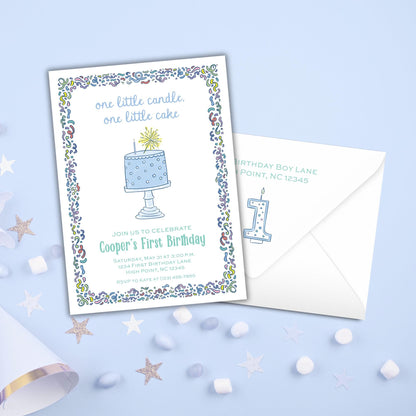 The image is a birthday invitation for a child's first birthday celebration.