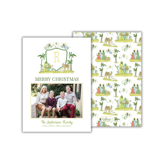 The image is a Christmas card featuring a family photo and a repeating pattern of Christmas-themed illustrations, including people, animals, and palm trees.