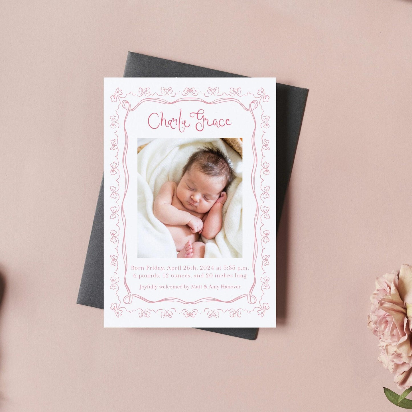 Bow Frame Birth Announcement - Pink
