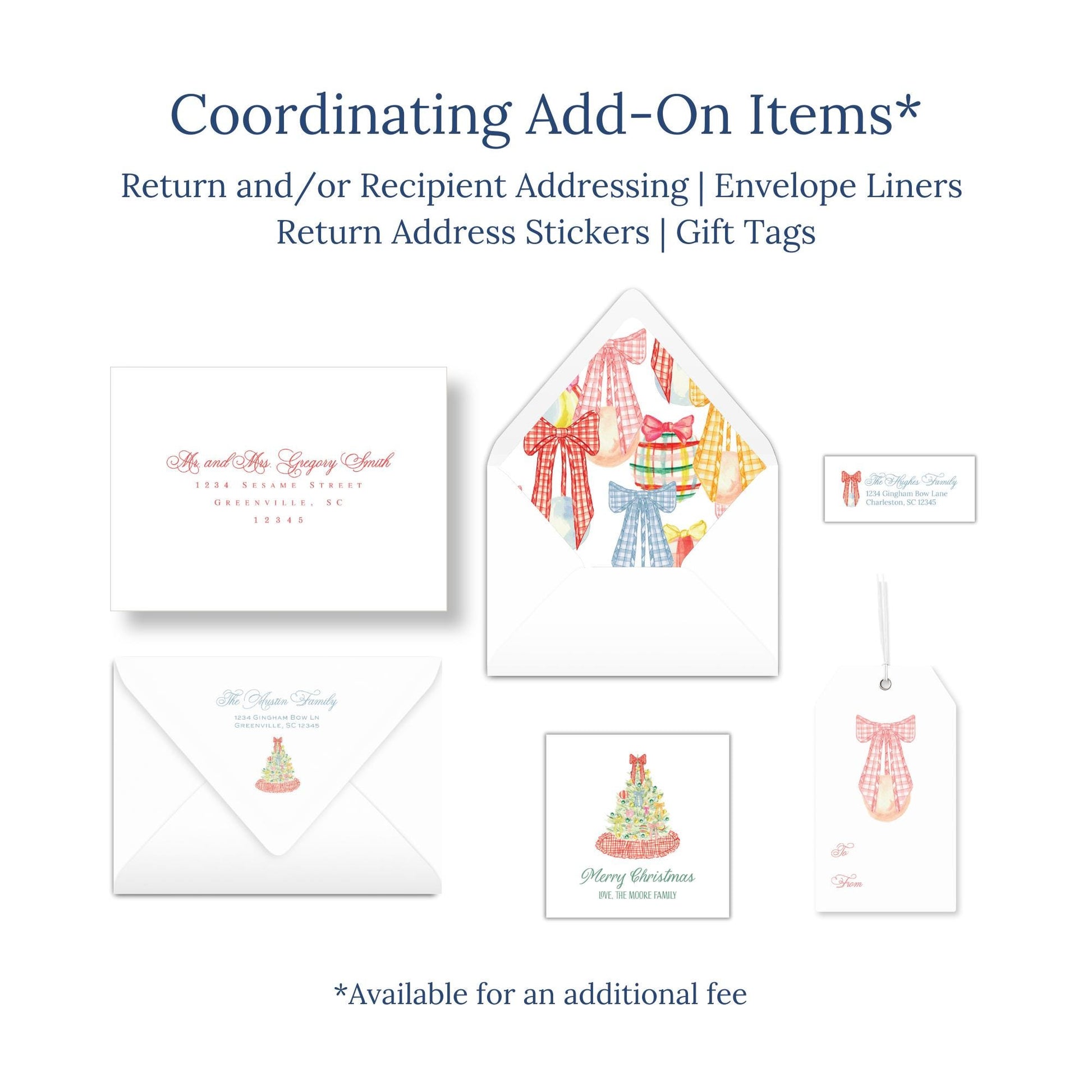 The image is a collection of Christmas-themed items, including envelopes, return address stickers, and gift tags, with a focus on coordinating add-on items.